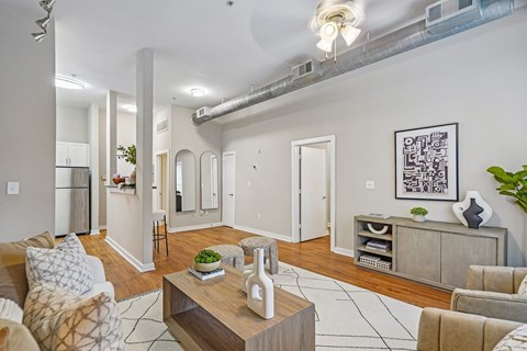 A living room with a couch, a coffee table, and a plant.