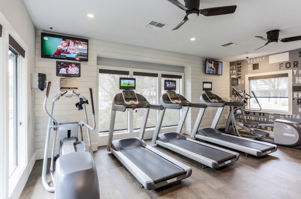 the gym is equipped with cardio equipment and a television