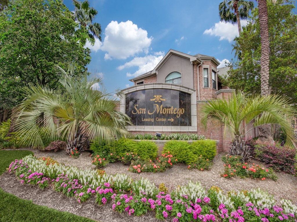 Apartments in Houston for Rent - San Montego Apartments Front Monument Sign Surrounded by Lush Landscaping