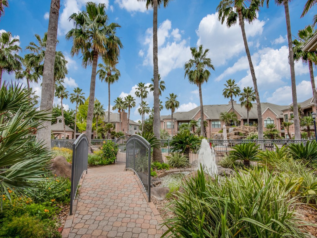 Apartments For Rent In West Houston - San Montego - Courtyard With Water Fountain, Palm Trees, Walk Way, And Maintained Landscaping