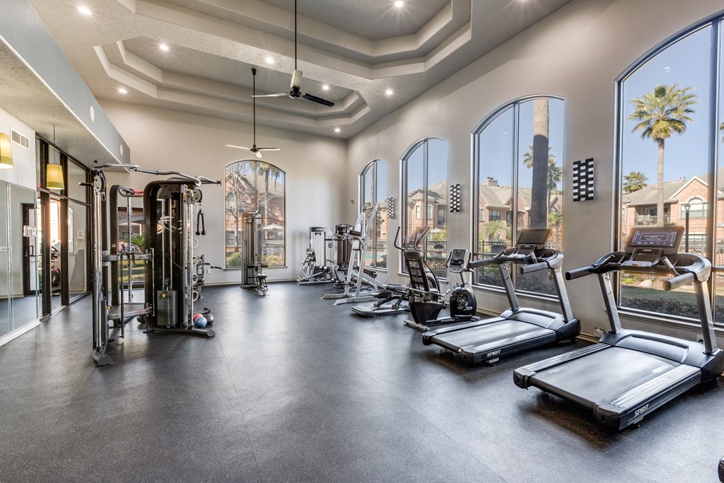 a gym with cardio equipment and large windows