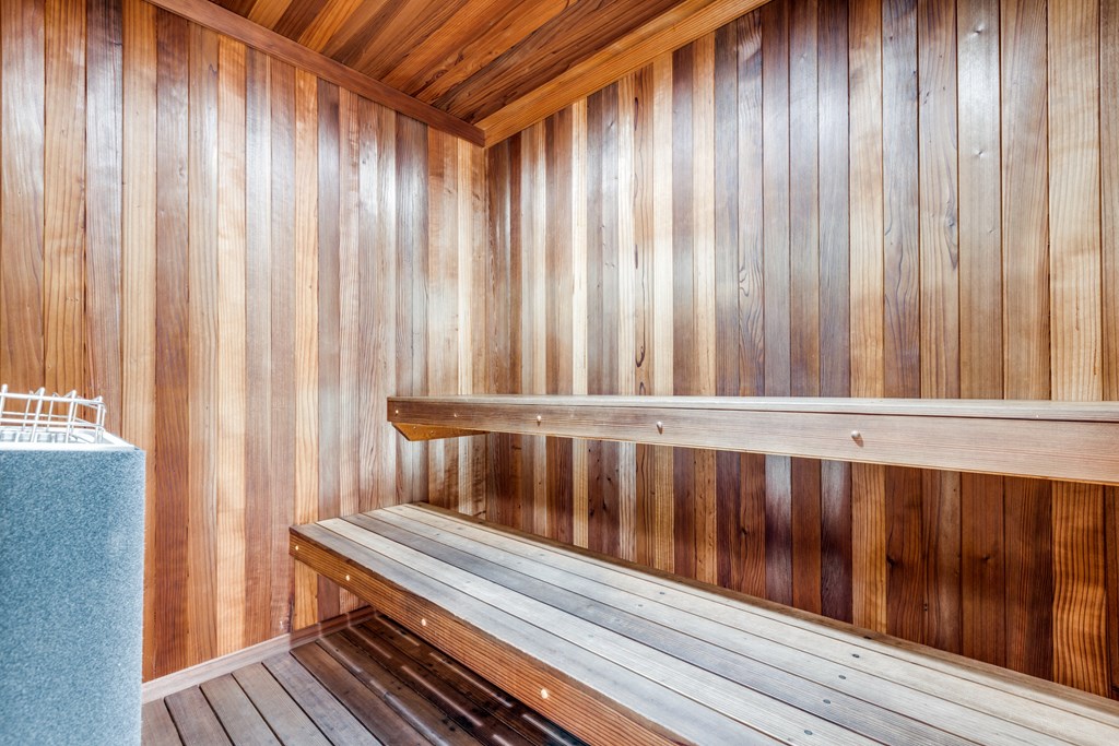 a sauna with wooden benches