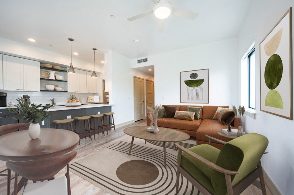 a living room with a couch and a table