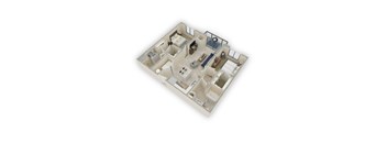 A 3D floor plan of a house with a kitchen, living room, and bathroom.