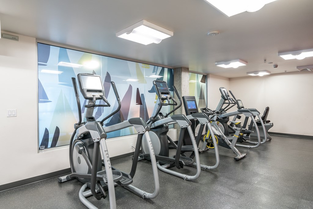 a gym with cardio machines and a wall mural of mountains