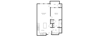 A black and white image of a house floor plan with a living/dining area, kitchen, bedroom, bathroom, and storage.