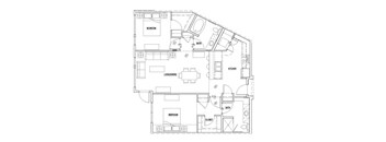 A floor plan of a house with two bedrooms, a living/dining area, a kitchen, and two bathrooms.