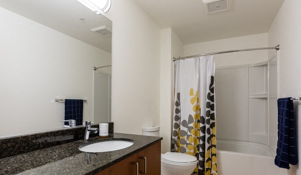 Nob Hill, Portland, OR Apartments for Rent - The Cordelia - Bathroom with Towel Rack, Bathtub, Granite Countertops, and High Ceilings