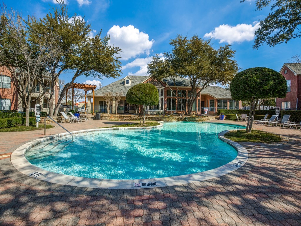 Plano TX Apartments for Rent - Carrington Park - Sparkling Pool Surrounded By Trees and Lounge Chairs