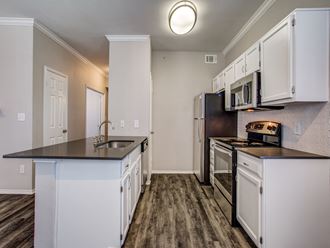 Luxury Apartments in Plano TX - Carrington Park - Modern Kitchen with White Cabinets and Stainless Steel Appliances