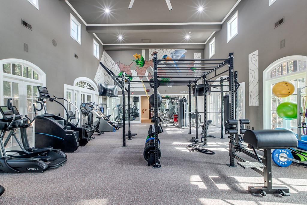 A spacious gym with a variety of equipment including treadmills, stationary bikes, and weight machines.