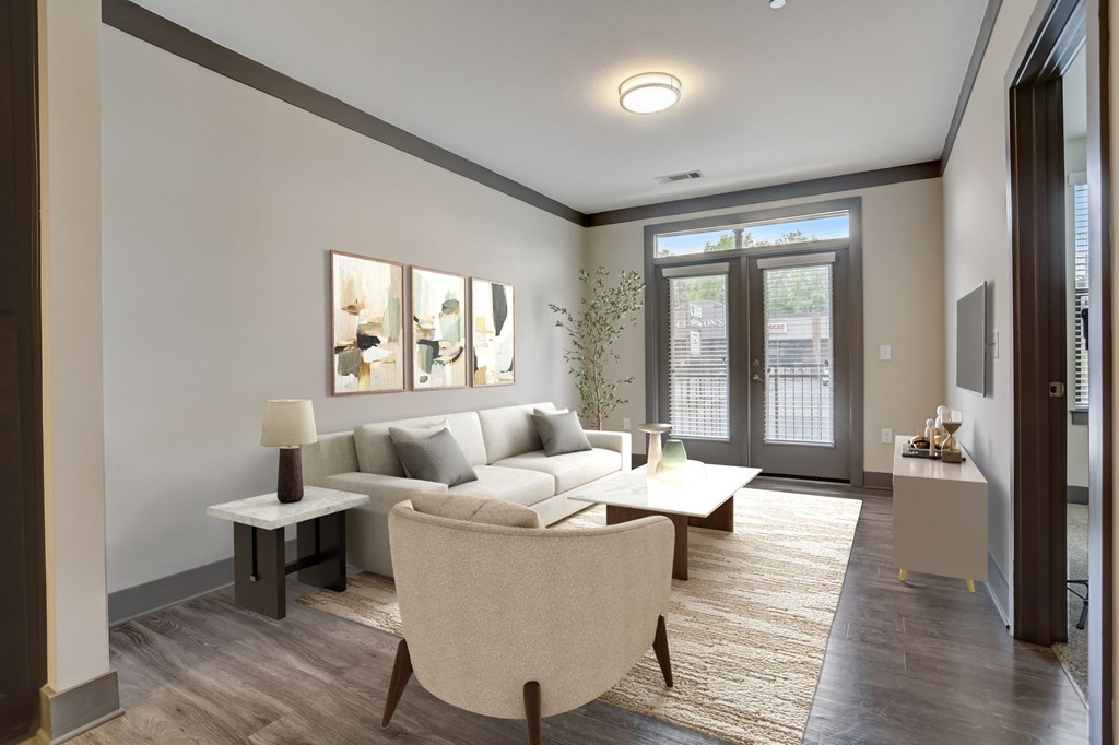 Nashville Apartments - Octave Apartments - Living Room with wood style flooring and french doors patio