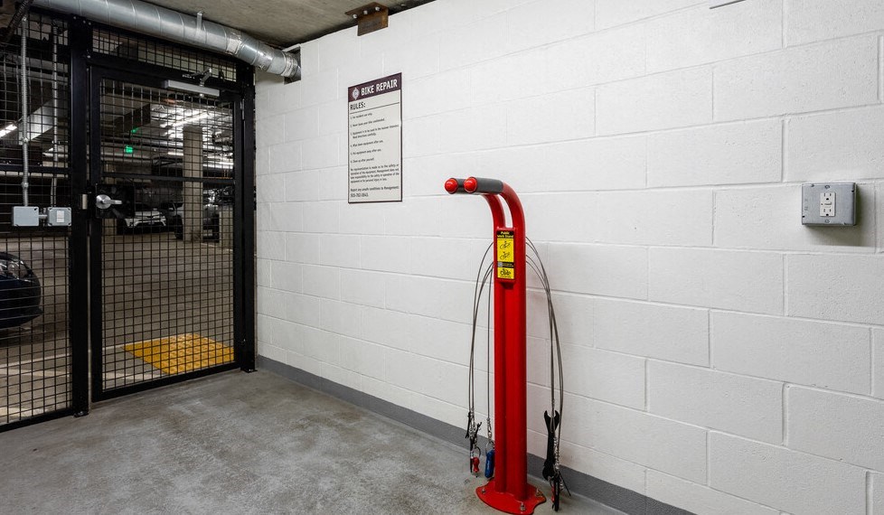 Pet-Friendly Apartments in Nob Hill Portland, OR - The Cordelia - Parking Garage with Bike Repair Center, Gated Entry, and Outlets