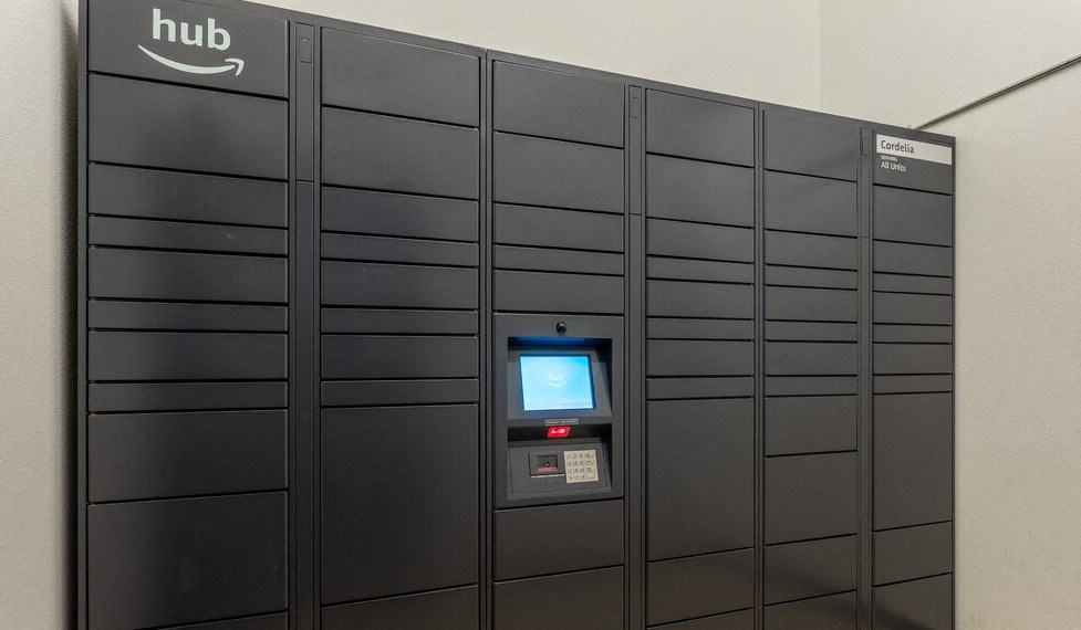 a row of lockers with a screen on the side