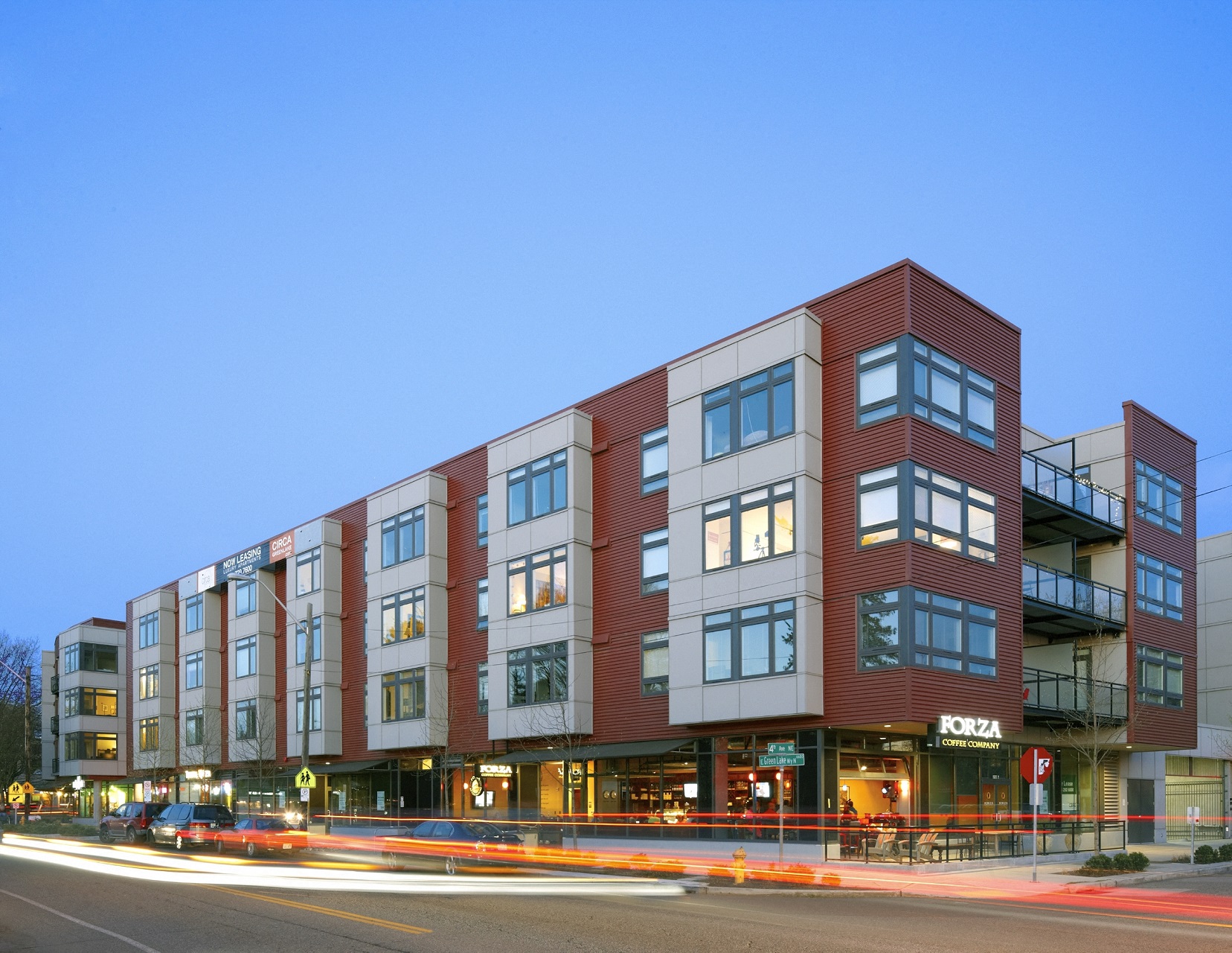 Apartments for Rent Green Lake Seattle, WA - Circa Green Lake - Exterior View of Circa Green Lake Apartment Building with Leasing Office.