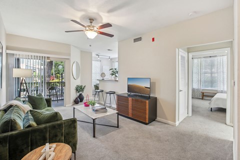A living room with a green couch and a flat screen TV.