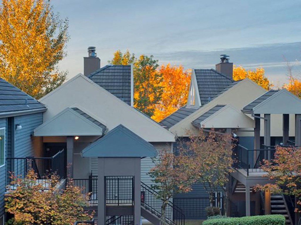 a row of houses with trees in the background