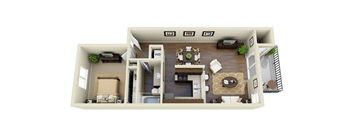 A 3D floor plan of a house with a living room, dining room, kitchen, and two bedrooms.