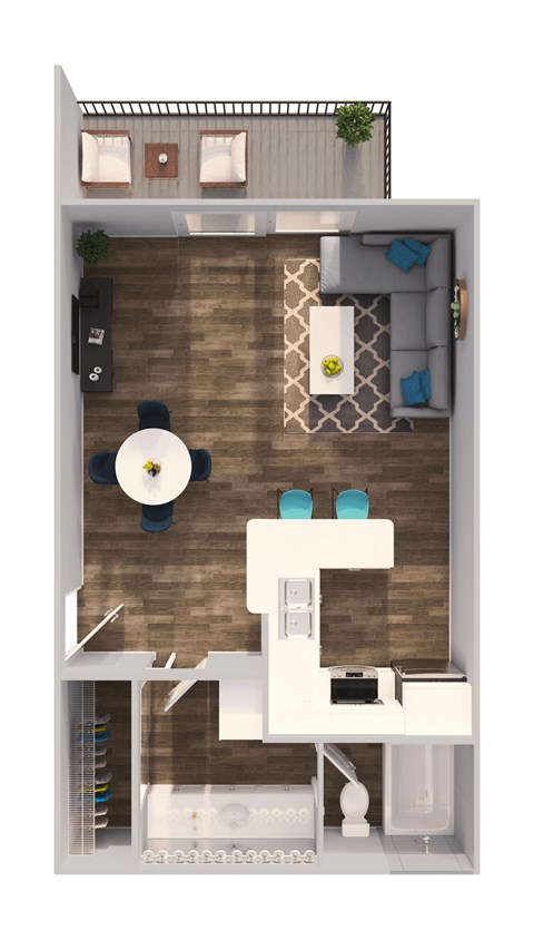 a stylized rendering of a 1 bedroom floor plan with a bathroom and living room