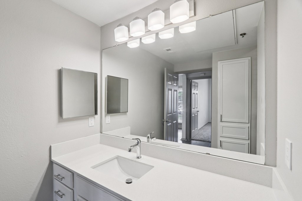 A bathroom with a sink, mirror, and lights.