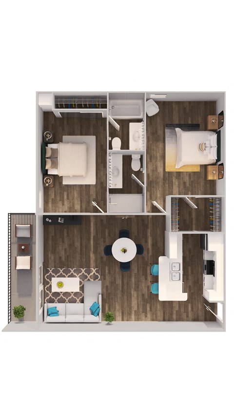 a stylized 3d floor plan with a bedroom and living room
