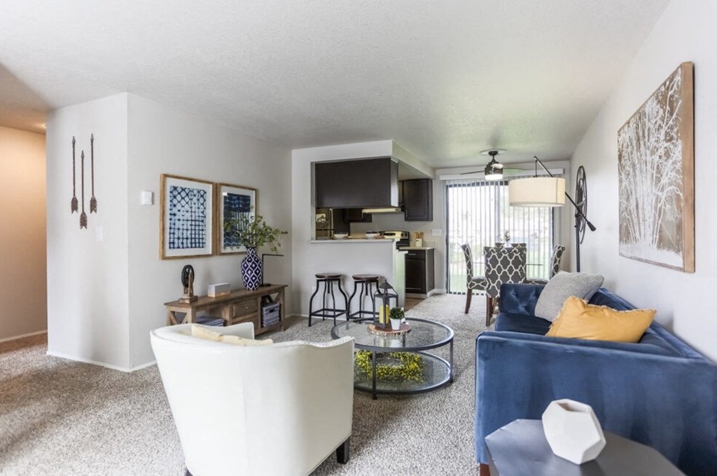 a living room with a couch and a table
