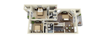 A 3D floor plan of a two-bedroom apartment.