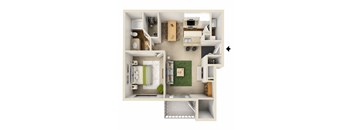A 3D floor plan of a small apartment with a kitchen, living room, and bathroom.