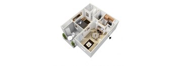 a bedroom with a bed and a desk in a room