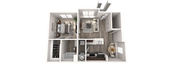 a rendering of a 3d floor plan with a bedroom and a living room