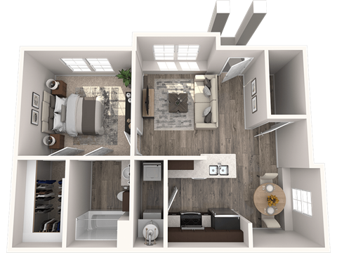 a rendering of a 3d floor plan with a bedroom and a living room