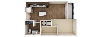 A 3D rendered image of a small apartment layout.