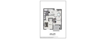 A floor plan of a 1 bedroom apartment with a bath.