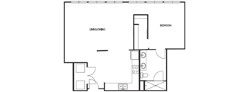 A black and white drawing of a floor plan for a living and dining room and bedroom.