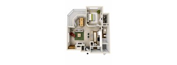 A top down view of a small apartment with a kitchen, living room, and bathroom.