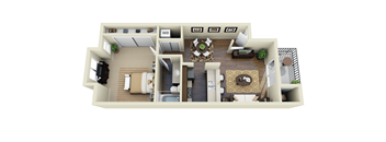 A 3D floor plan of a house with a living room, dining room, kitchen, and bathrooms.