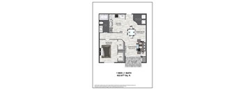 A floor plan of a one bedroom apartment.
