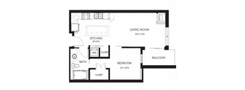 a floor plan of a one bedroom apartment with a bedroom and a living room