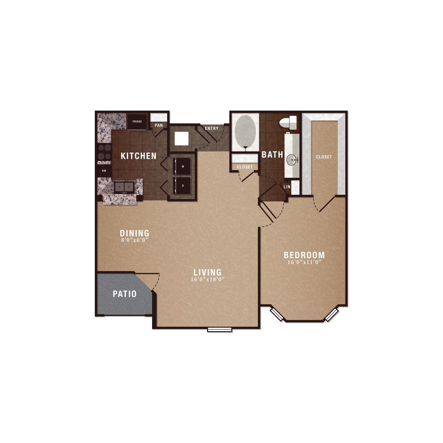 A3, 1 Bedroom 1 Bath, 822 sq. ft.