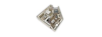 A 3D floor plan of a small apartment with a kitchen, living room, and bedroom.
