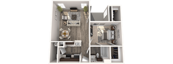 a 3d rendering of a floor plan with bedrooms and a living room