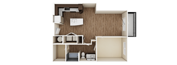 A 3D rendered image of a house layout.