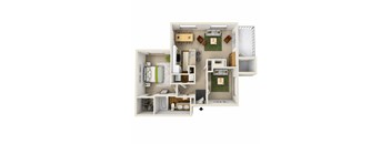 A top-down view of a small apartment layout with a kitchen, living room, and bathroom.