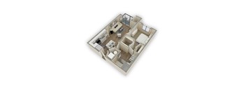 A 3D rendered image of a house layout.