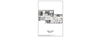A floor plan of a one bedroom apartment with a bathroom, living room, dining room, kitchen, and patio.