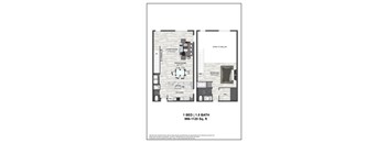 A floor plan of a one bedroom apartment with a bath.