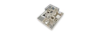 A 3D floor plan of a house with a kitchen, living room, and two bedrooms.