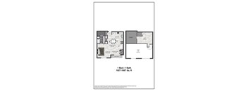 A floor plan of a one bedroom apartment.
