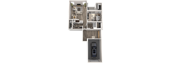 a 3d rendering of a floor plan with a car and a garage