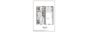 A floor plan of a one bedroom apartment with one bath.